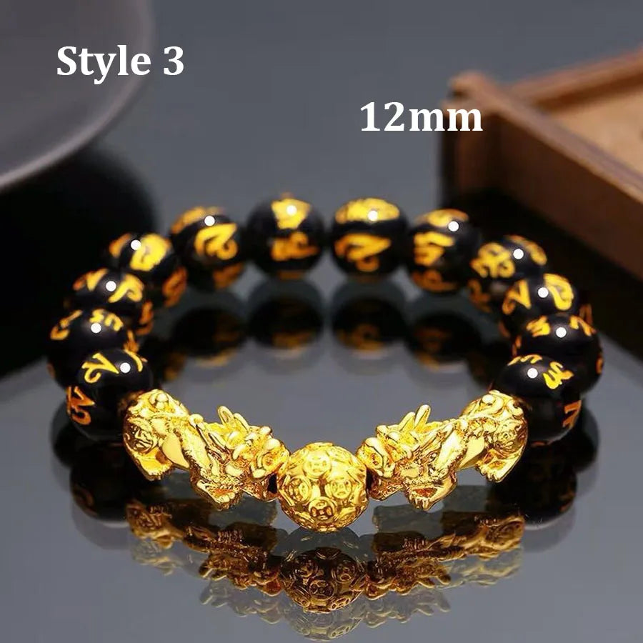 Gold and Black Pixiu Black Obsidian Feng Shui Bracelet