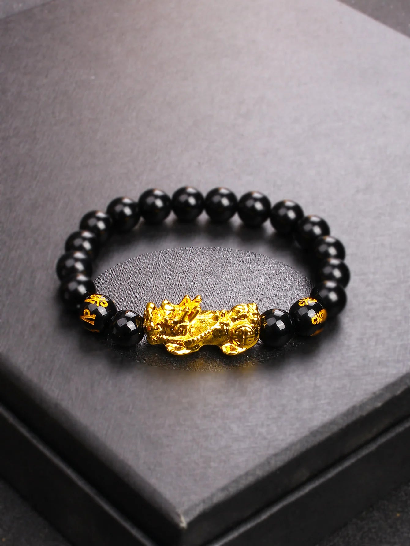 10mm Gold Pixiu Black Obsidian Dragon Mantra Bracelet