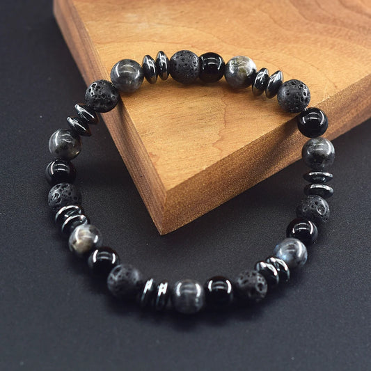 Classic Black Natural Labradorite and Volcanic Stone Beads Bracelet