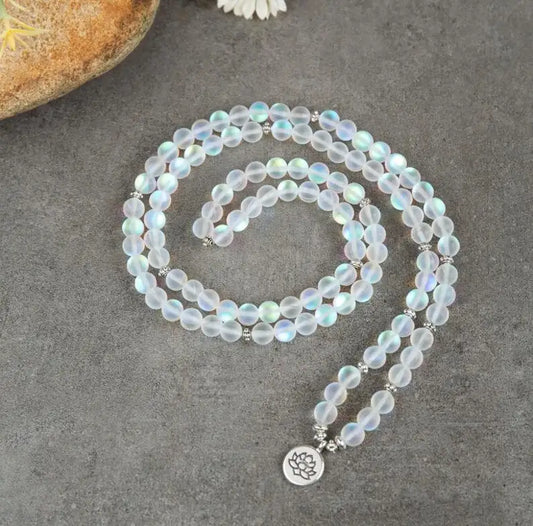 Aqua Aura Quartz Mala Beads Necklace and Bracelet Set