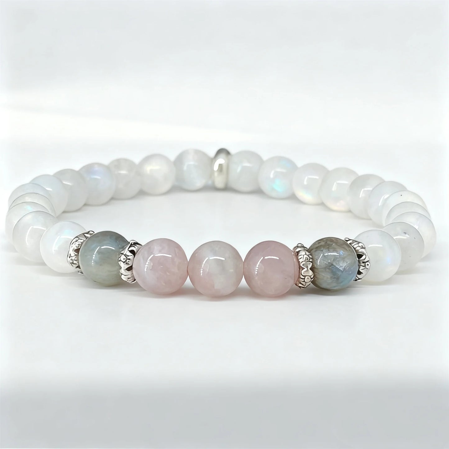 Handmade Moonlight White Jade, Labradorite, and Rose Quartz Bracelet