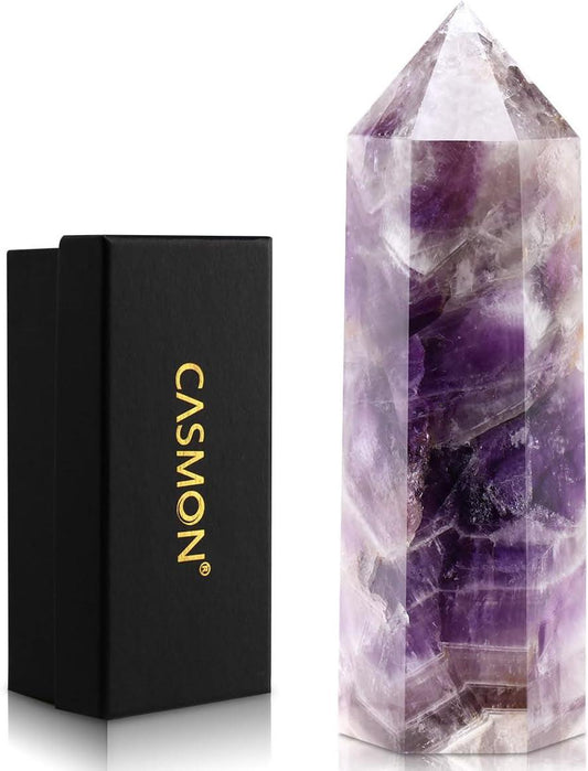 Large Healing Crystal Wands 3.9"-4.3"(10-11Cm), Natural Dream Amethyst Obelisk Crystal Tower Stone, 6 Faceted Single Healing Crystal Point for Reiki Chakra Meditation Therapy (1PC)