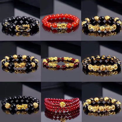 Gold and Black Pixiu Black Obsidian Feng Shui Bracelet