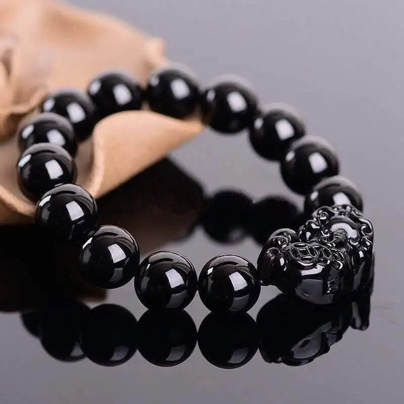Gold and Black Pixiu Black Obsidian Feng Shui Bracelet