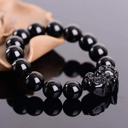 Gold and Black Pixiu Black Obsidian Feng Shui Bracelet