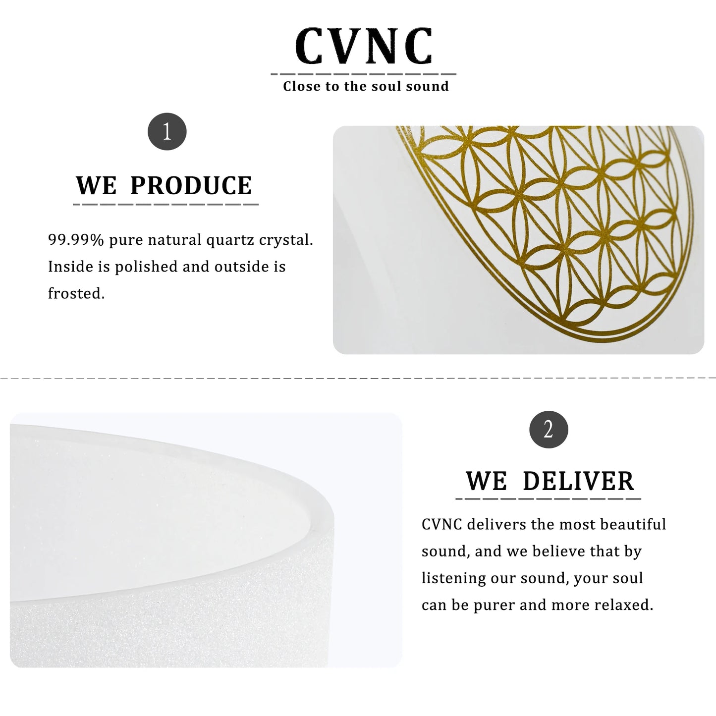 CVNC 528Hz 8-Inch C Note Flower of Life Frosted Quartz Crystal Singing Bowl