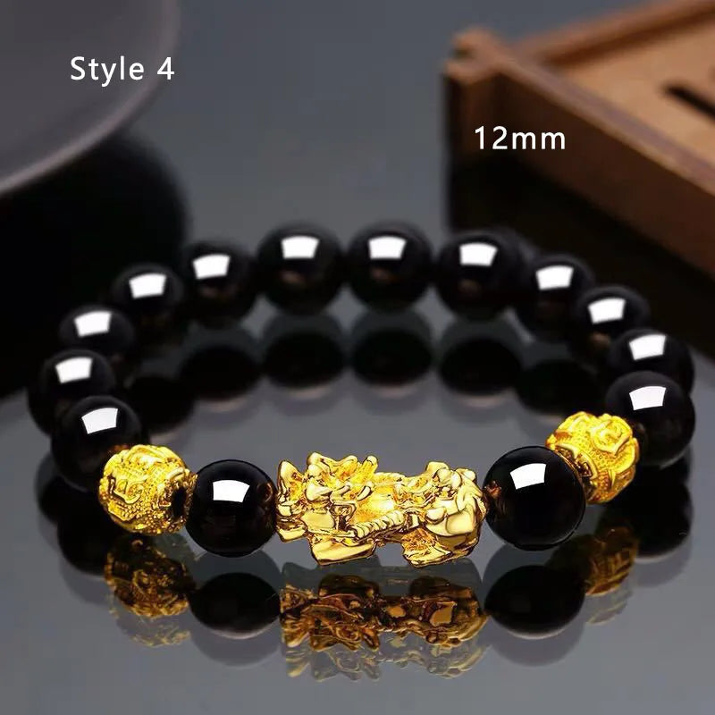 Gold and Black Pixiu Black Obsidian Feng Shui Bracelet