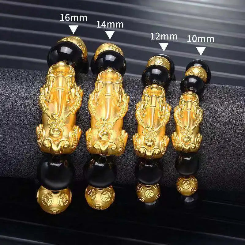 Gold and Black Pixiu Black Obsidian Feng Shui Bracelet
