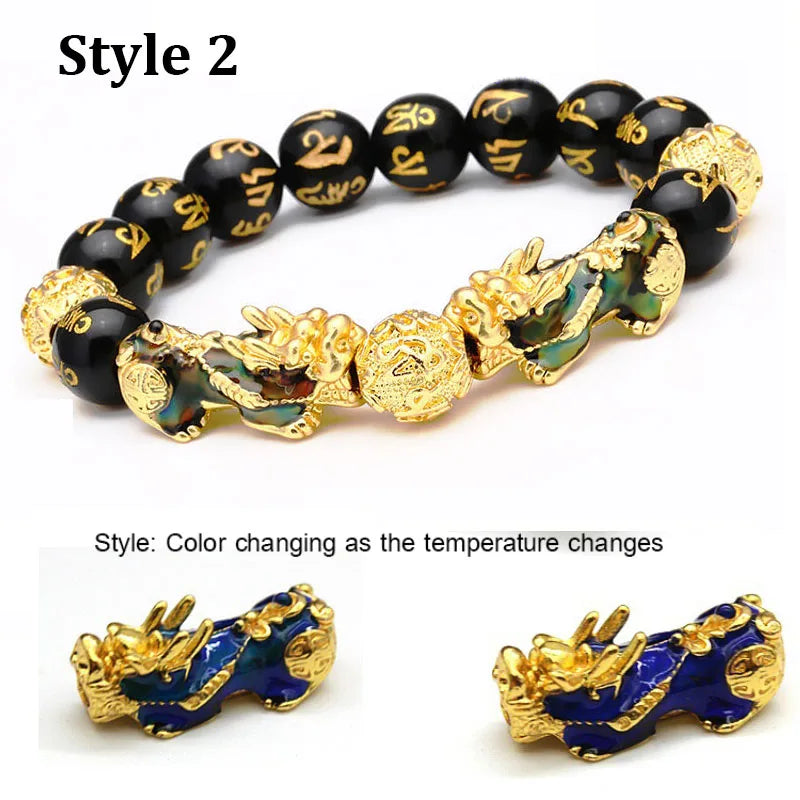 Gold and Black Pixiu Black Obsidian Feng Shui Bracelet