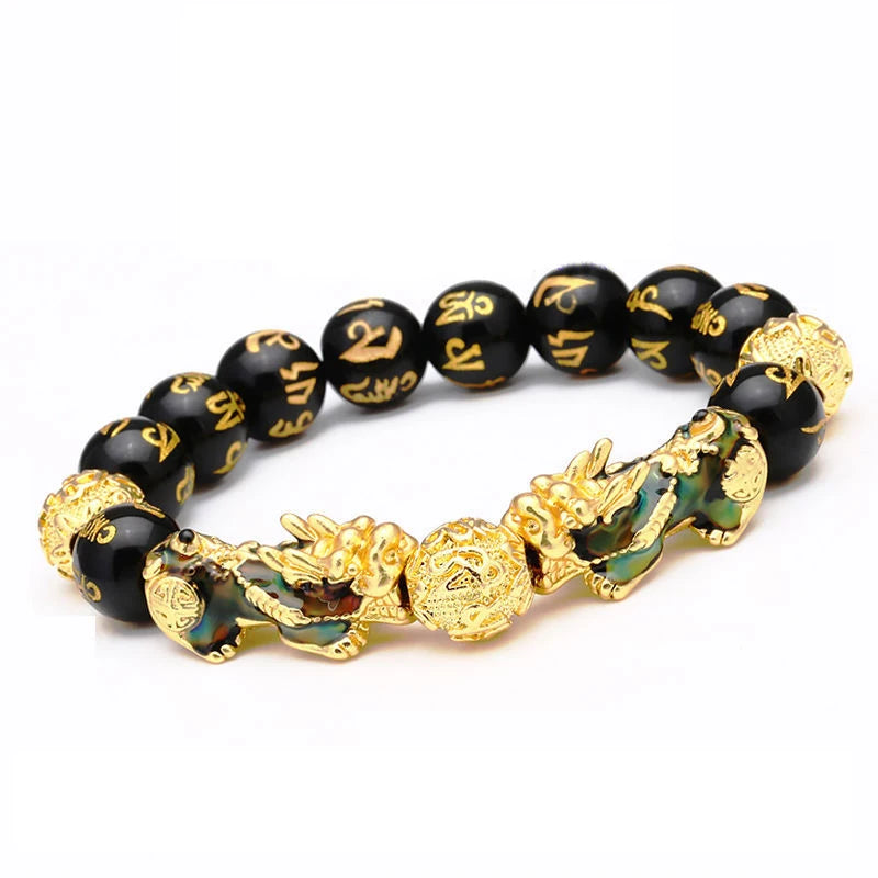 Gold and Black Pixiu Black Obsidian Feng Shui Bracelet