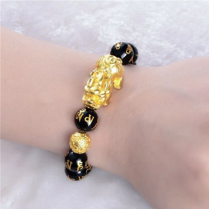 Gold and Black Pixiu Black Obsidian Feng Shui Bracelet