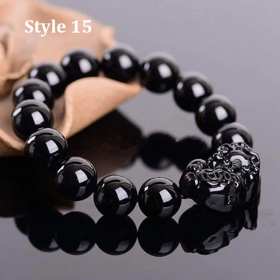 Gold and Black Pixiu Black Obsidian Feng Shui Bracelet