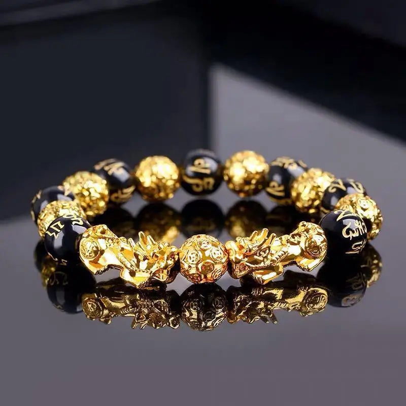 Gold and Black Pixiu Black Obsidian Feng Shui Bracelet