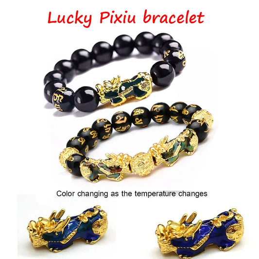 Gold and Black Pixiu Black Obsidian Feng Shui Bracelet