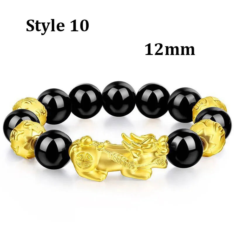 Gold and Black Pixiu Black Obsidian Feng Shui Bracelet