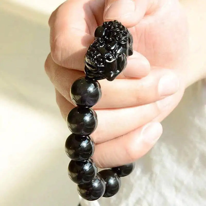 Gold and Black Pixiu Black Obsidian Feng Shui Bracelet