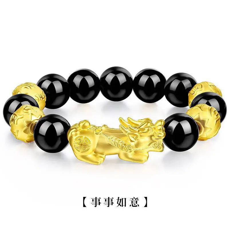 Gold and Black Pixiu Black Obsidian Feng Shui Bracelet