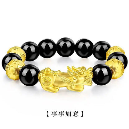 Gold and Black Pixiu Black Obsidian Feng Shui Bracelet