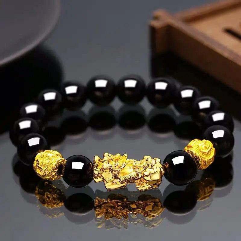 Gold and Black Pixiu Black Obsidian Feng Shui Bracelet