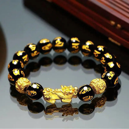 Gold and Black Pixiu Black Obsidian Feng Shui Bracelet