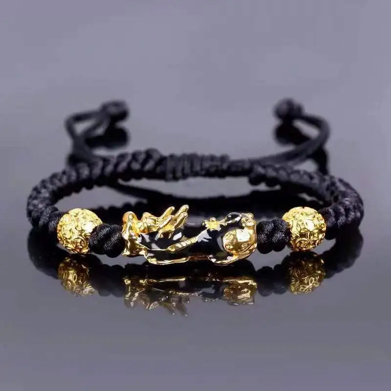 Gold and Black Pixiu Black Obsidian Feng Shui Bracelet