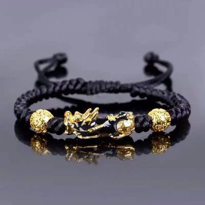 Gold and Black Pixiu Black Obsidian Feng Shui Bracelet