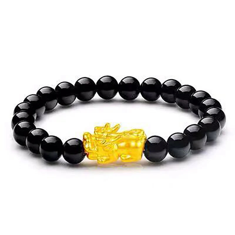Gold and Black Pixiu Black Obsidian Feng Shui Bracelet
