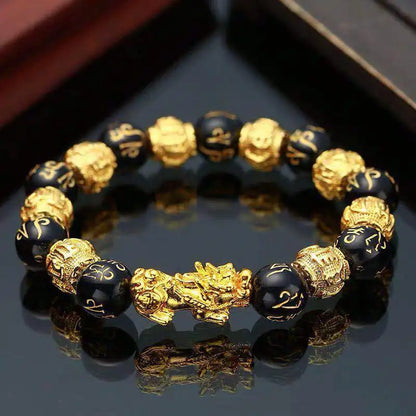 Gold and Black Pixiu Black Obsidian Feng Shui Bracelet