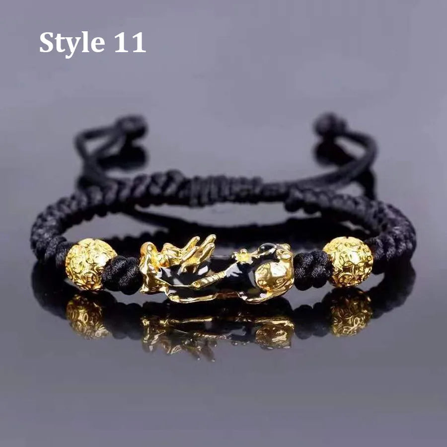 Gold and Black Pixiu Black Obsidian Feng Shui Bracelet