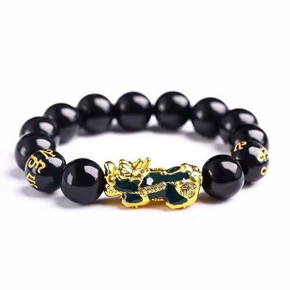 Gold and Black Pixiu Black Obsidian Feng Shui Bracelet