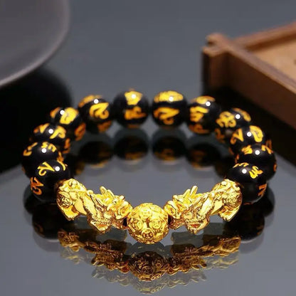 Gold and Black Pixiu Black Obsidian Feng Shui Bracelet
