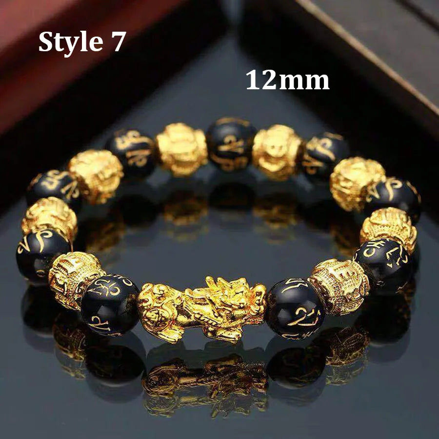 Gold and Black Pixiu Black Obsidian Feng Shui Bracelet