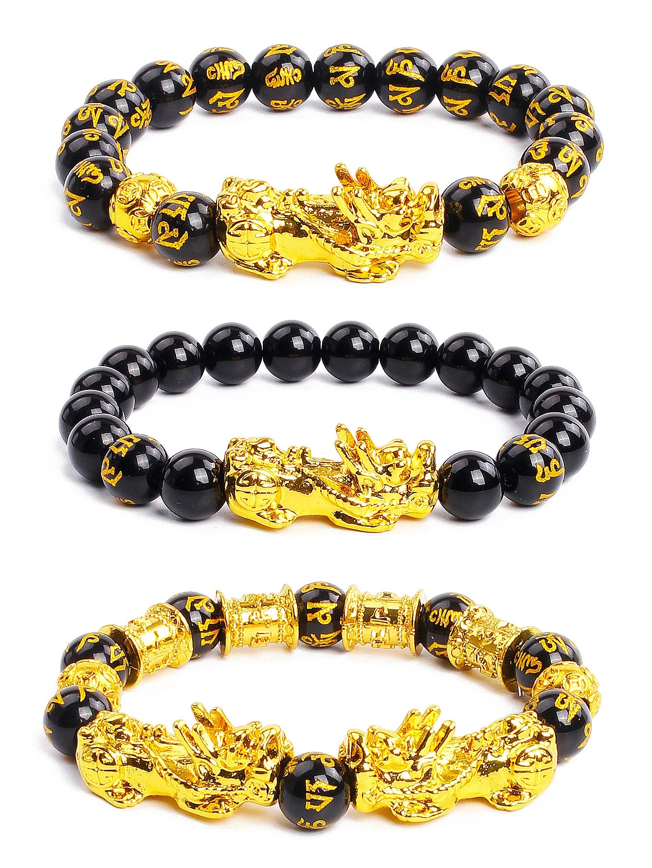 10mm Gold Pixiu Black Obsidian Dragon Mantra Bracelet