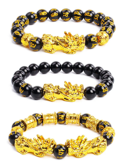 10mm Gold Pixiu Black Obsidian Dragon Mantra Bracelet