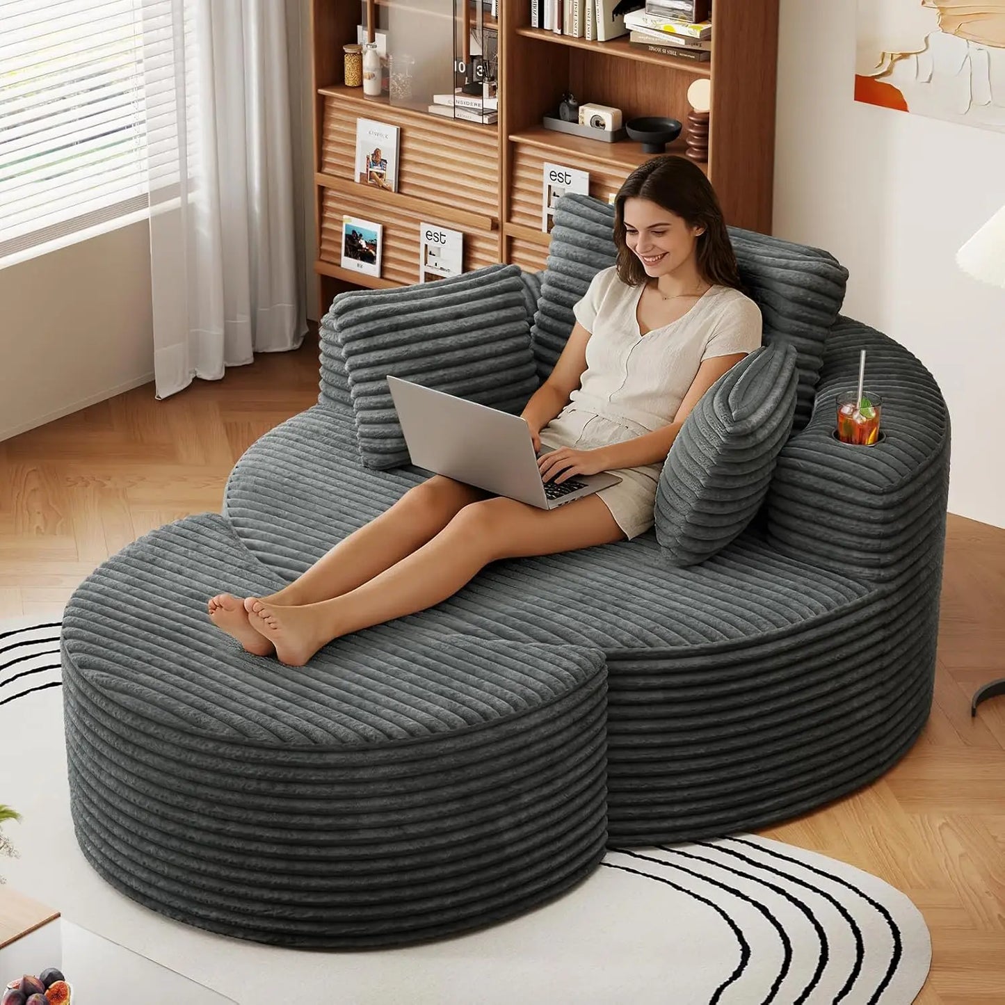 Oversized Round Chaise Lounge Sofa with Matching Ottoman