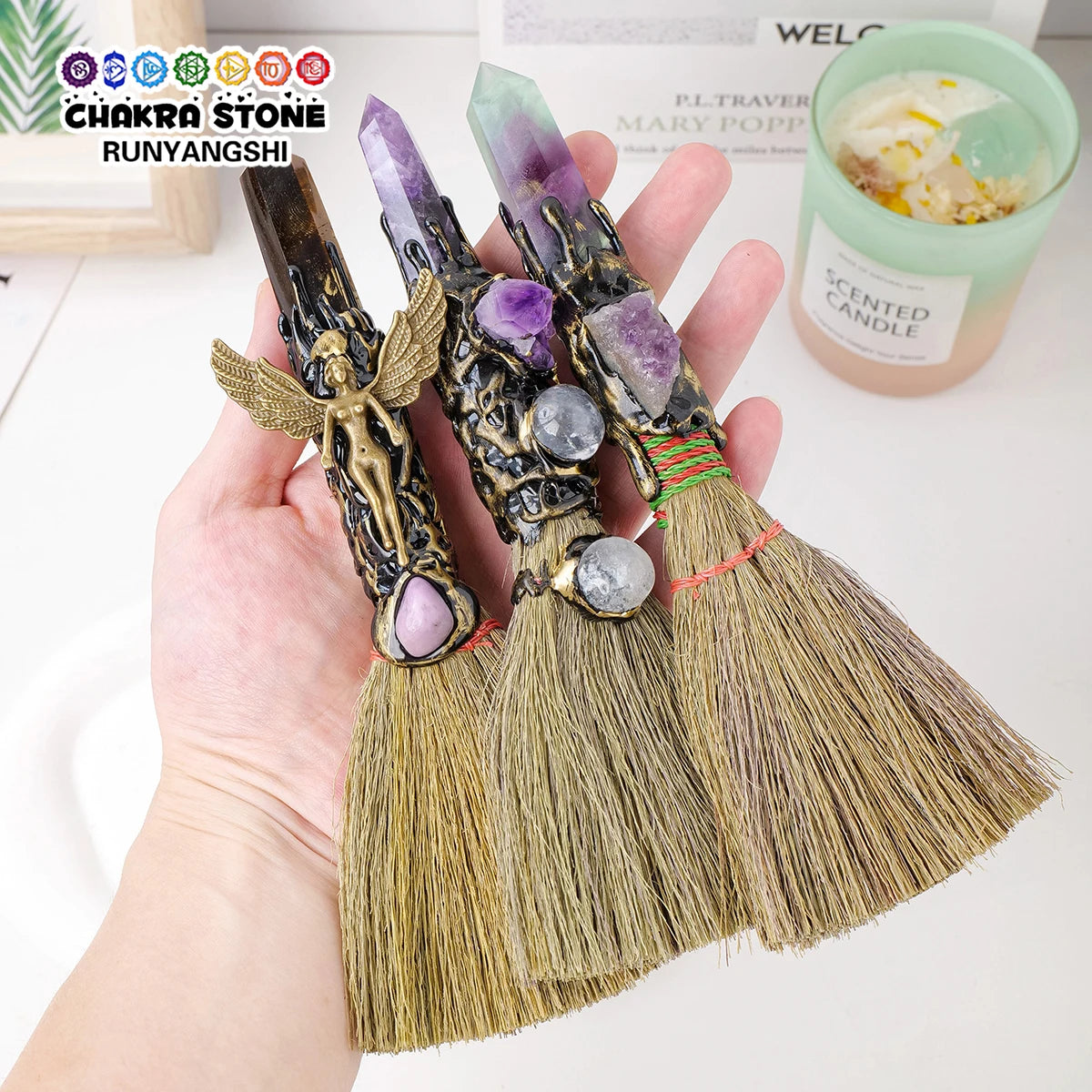 1PC Natural Crystal Point Stone Amethyst Feather Broom