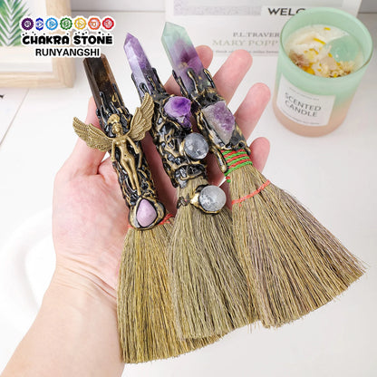 1PC Natural Crystal Point Stone Amethyst Feather Broom