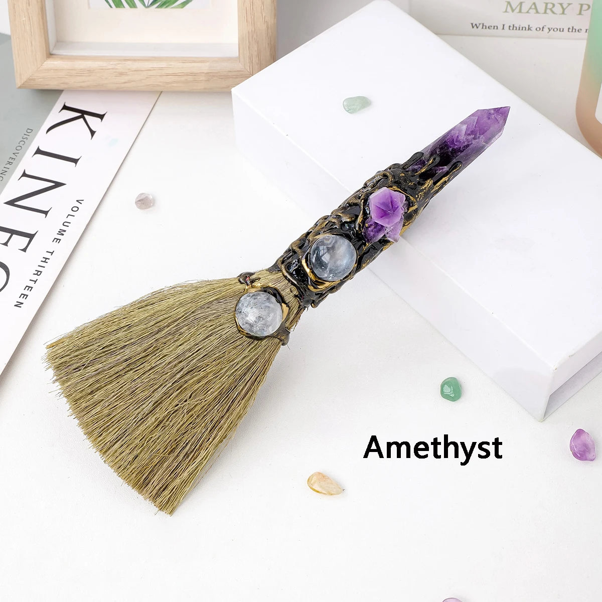 1PC Natural Crystal Point Stone Amethyst Feather Broom