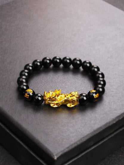 10mm Gold Pixiu Black Obsidian Dragon Mantra Bracelet