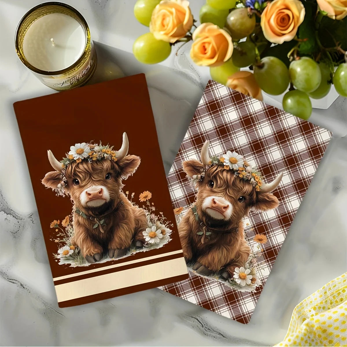 2-Piece Highland Cow Brown Plaid Kitchen Towel Set