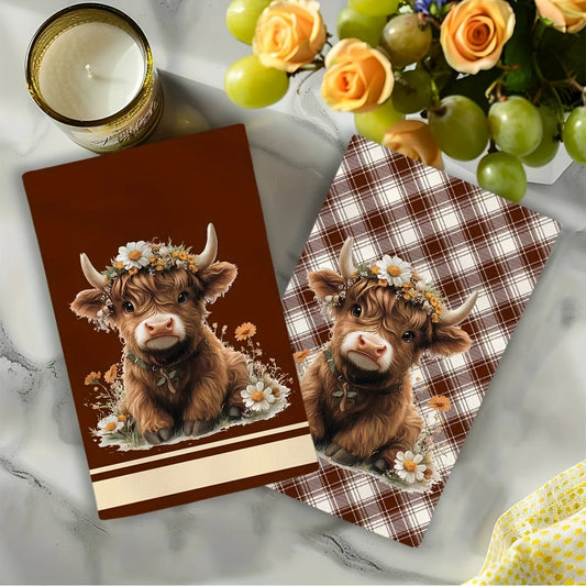 2-Piece Highland Cow Brown Plaid Kitchen Towel Set