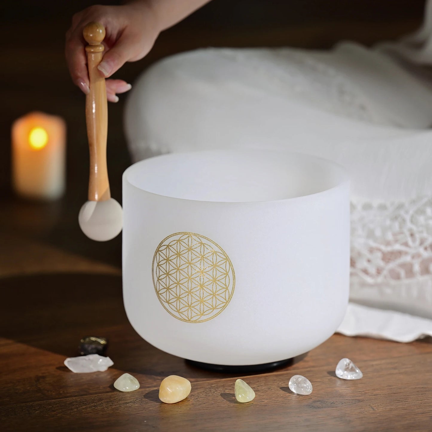 CVNC 528Hz 8-Inch C Note Flower of Life Frosted Quartz Crystal Singing Bowl