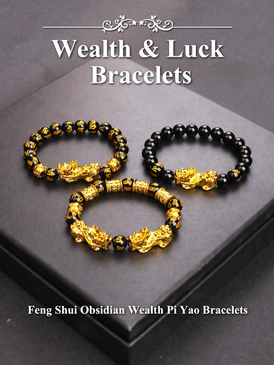10mm Gold Pixiu Black Obsidian Dragon Mantra Bracelet
