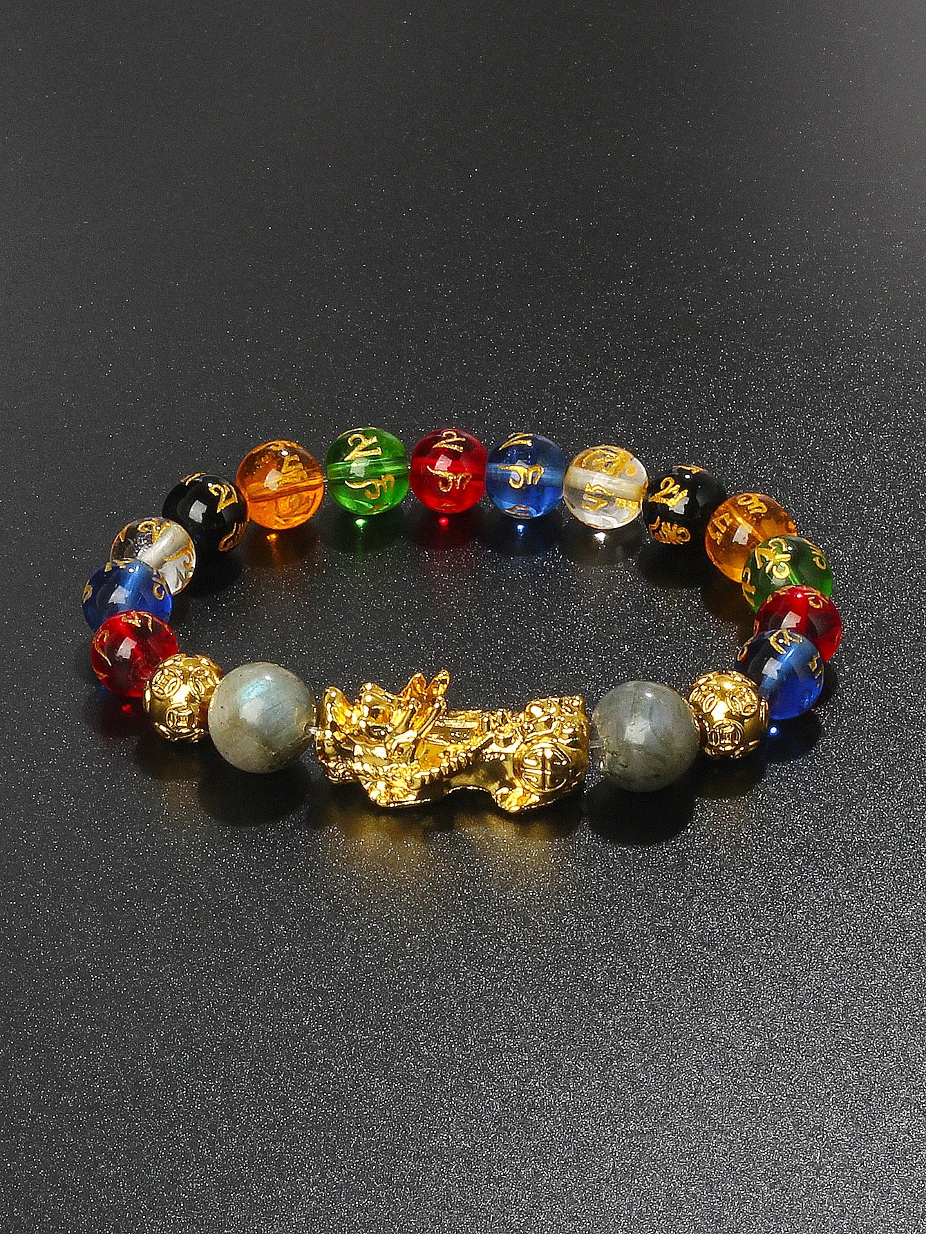 10mm Gold Pixiu Black Obsidian Dragon Mantra Bracelet