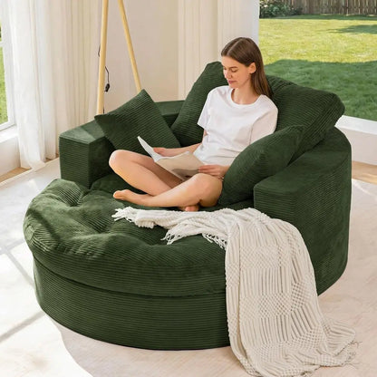Large Round Upholstered Chaise Lounge Sofa with 3 Matching Pillows and Ottoman