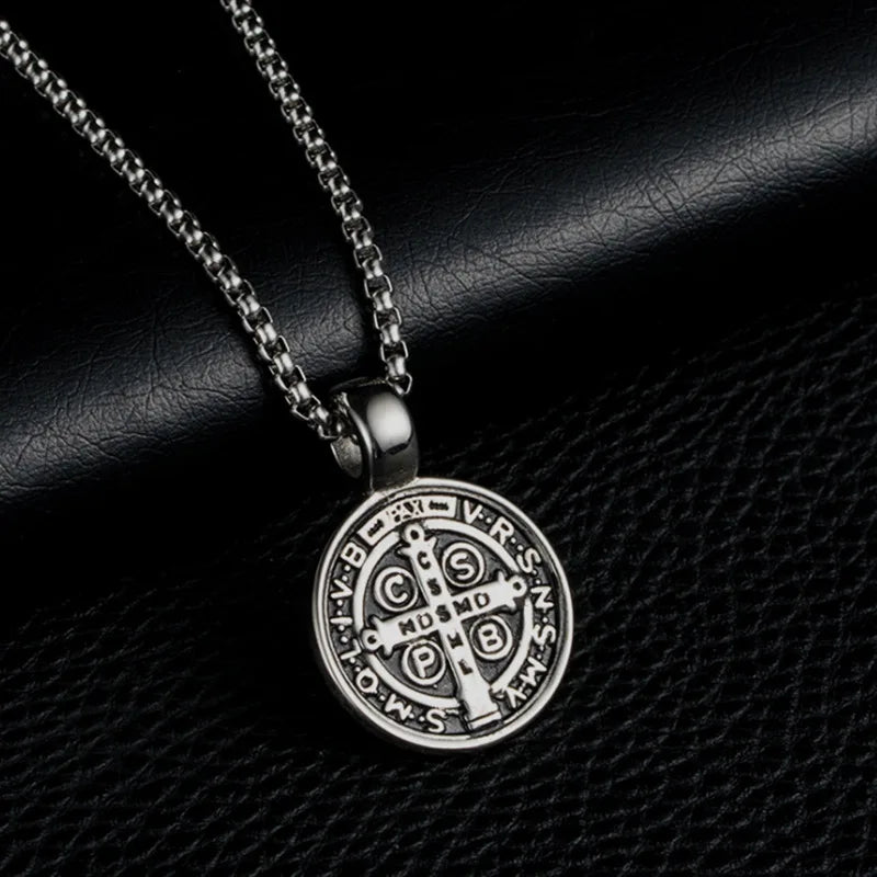 Stainless Steel Saint St. Benedict Collar Medal Necklace