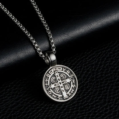 Stainless Steel Saint St. Benedict Collar Medal Necklace