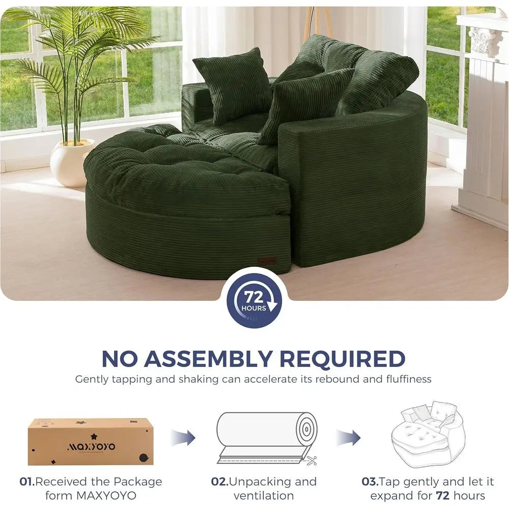 Large Round Upholstered Chaise Lounge Sofa with 3 Matching Pillows and Ottoman