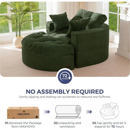Large Round Upholstered Chaise Lounge Sofa with 3 Matching Pillows and Ottoman