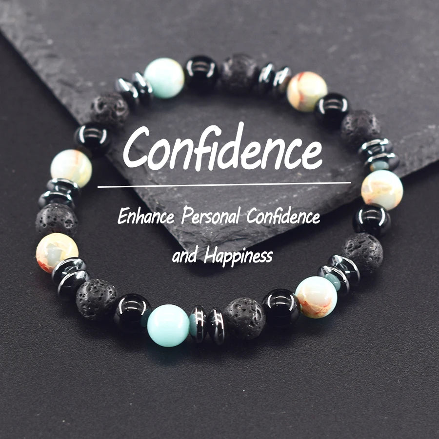 Classic Black Natural Labradorite and Volcanic Stone Beads Bracelet